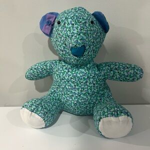 Floral Patterned Stuffed Bear with Blue and Purple Accents